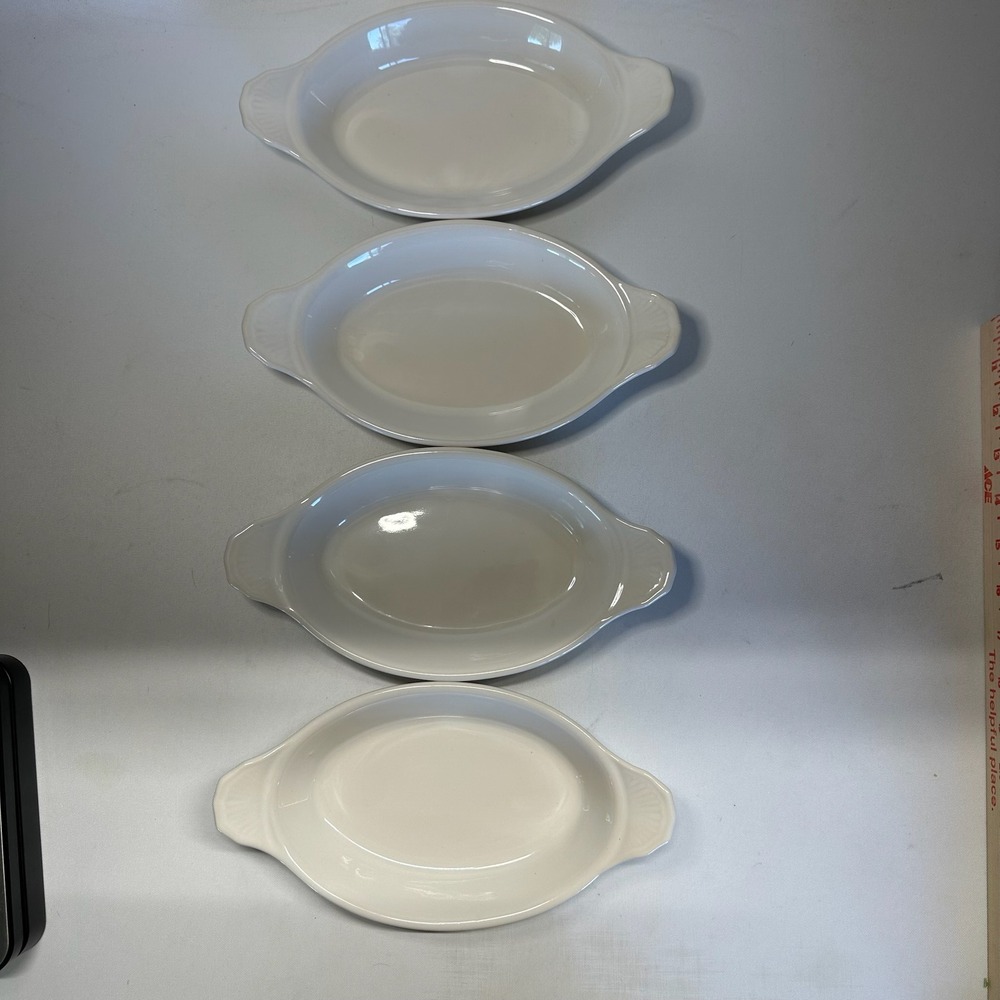 Vintage Set of 4 Bel-Terr USA 9528 White Stoneware Oval Au Gratin Baking Dishes